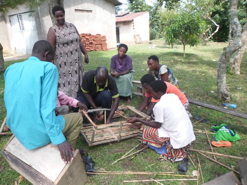 LINK Finalist team member Jeniffer Tumwine instructing community members on how to construct low-cost hives.
